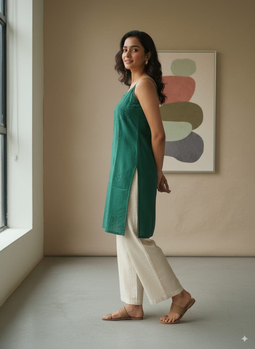 alt="Lucknowi chikankari tone to tone handwork sleeveless short top", alt="Noodle strap short chikankari top in premium rayon fabric", alt="Hand embroidered Lucknowi chikankari short top for women XXS to L", alt="Tone to tone chikankari work sleeveless kurti style top", alt="Premium rayon chikankari noodle strap short kurti top", alt="Lucknowi chikankari sleeveless short kurti with hand embroidery"