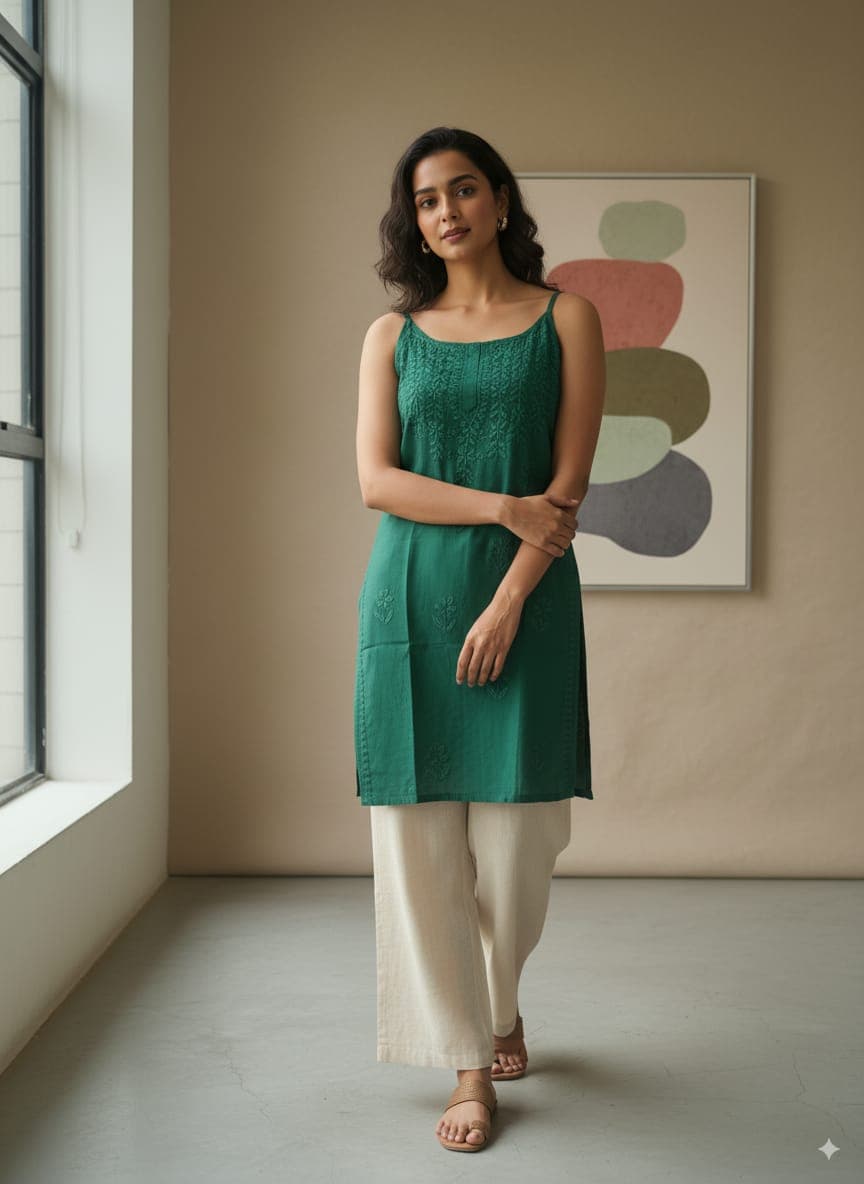 alt="Lucknowi chikankari tone to tone handwork sleeveless short top", alt="Noodle strap short chikankari top in premium rayon fabric", alt="Hand embroidered Lucknowi chikankari short top for women XXS to L", alt="Tone to tone chikankari work sleeveless kurti style top", alt="Premium rayon chikankari noodle strap short kurti top", alt="Lucknowi chikankari sleeveless short kurti with hand embroidery"