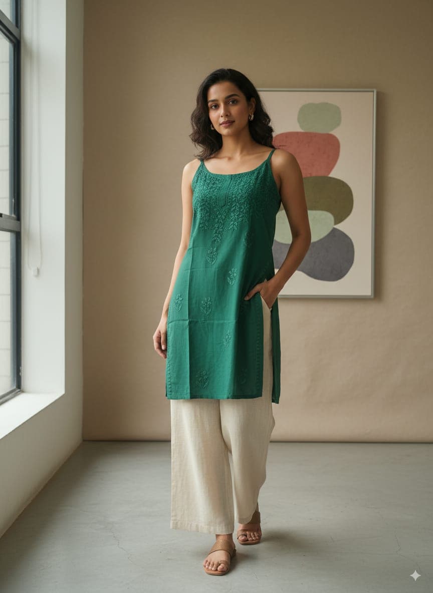 alt="Lucknowi chikankari tone to tone handwork sleeveless short top", alt="Noodle strap short chikankari top in premium rayon fabric", alt="Hand embroidered Lucknowi chikankari short top for women XXS to L", alt="Tone to tone chikankari work sleeveless kurti style top", alt="Premium rayon chikankari noodle strap short kurti top", alt="Lucknowi chikankari sleeveless short kurti with hand embroidery"