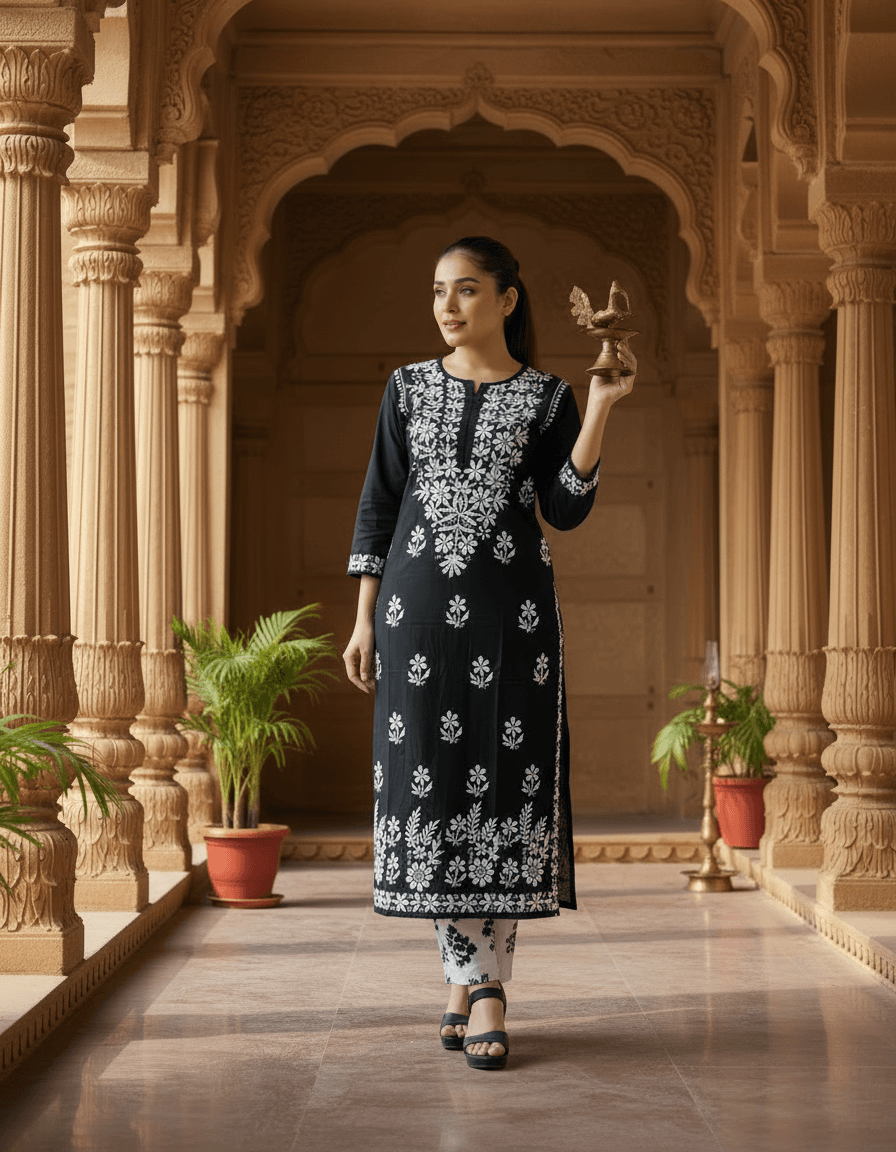 alt="Lucknowi handwork chikankari kurti in premium rayon", alt="White thread hand embroidered chikankari kurti 46 inch", alt="Lucknowi chikankari kurti for women size S to XXXL", alt="Handmade white chikankari embroidery on rayon fabric kurti", alt="Traditional Lucknowi long chikankari kurti with handwork", alt="Premium rayon white thread chikankari kurti for ladies"