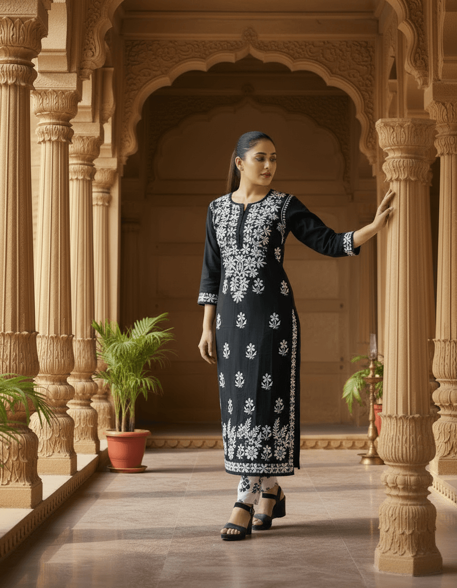 alt="Lucknowi handwork chikankari kurti in premium rayon", alt="White thread hand embroidered chikankari kurti 46 inch", alt="Lucknowi chikankari kurti for women size S to XXXL", alt="Handmade white chikankari embroidery on rayon fabric kurti", alt="Traditional Lucknowi long chikankari kurti with handwork", alt="Premium rayon white thread chikankari kurti for ladies"