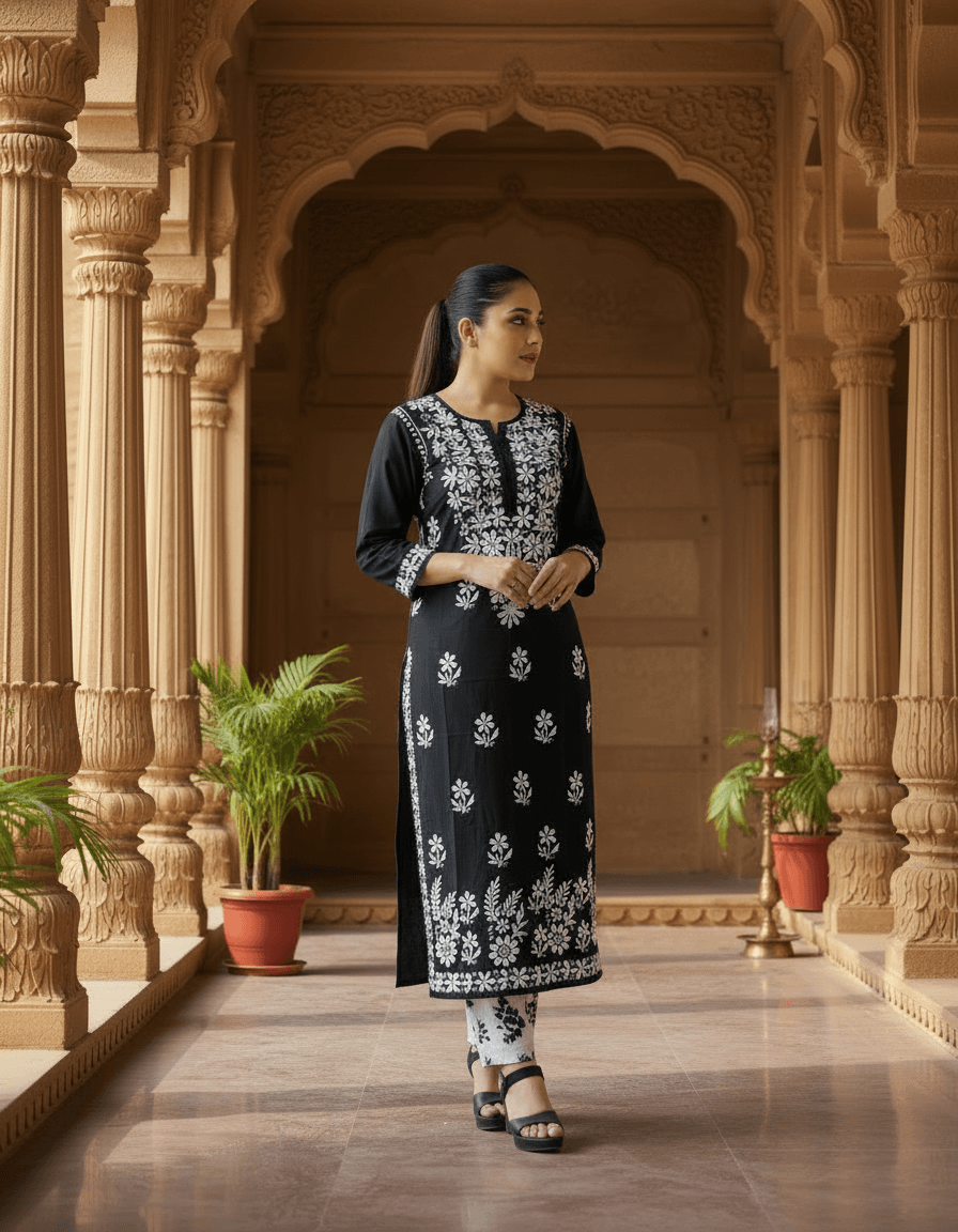 alt="Lucknowi handwork chikankari kurti in premium rayon", alt="White thread hand embroidered chikankari kurti 46 inch", alt="Lucknowi chikankari kurti for women size S to XXXL", alt="Handmade white chikankari embroidery on rayon fabric kurti", alt="Traditional Lucknowi long chikankari kurti with handwork", alt="Premium rayon white thread chikankari kurti for ladies"