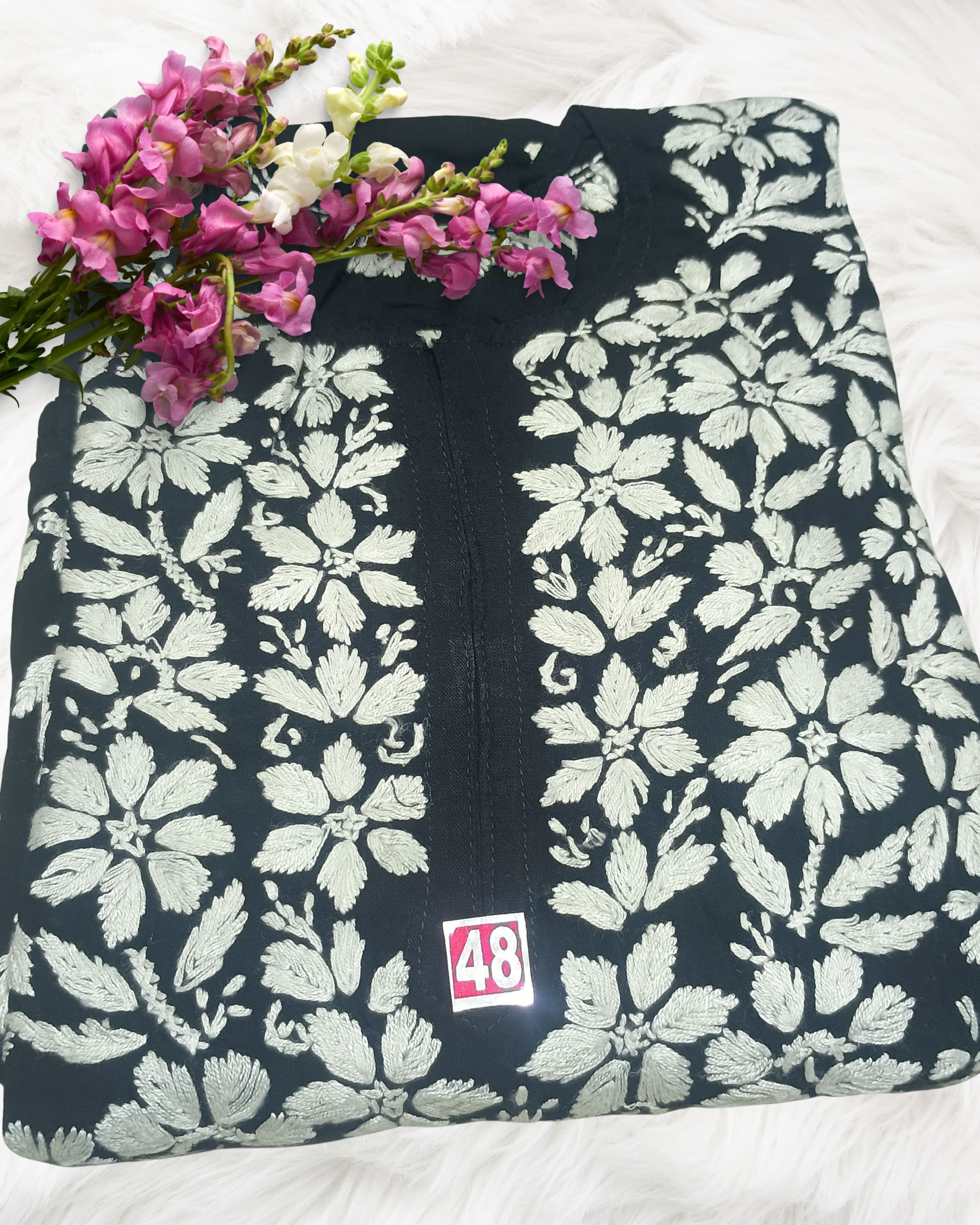 alt="Lucknowi handwork chikankari kurti in premium rayon", alt="White thread hand embroidered chikankari kurti 46 inch", alt="Lucknowi chikankari kurti for women size S to XXXL", alt="Handmade white chikankari embroidery on rayon fabric kurti", alt="Traditional Lucknowi long chikankari kurti with handwork", alt="Premium rayon white thread chikankari kurti for ladies"
