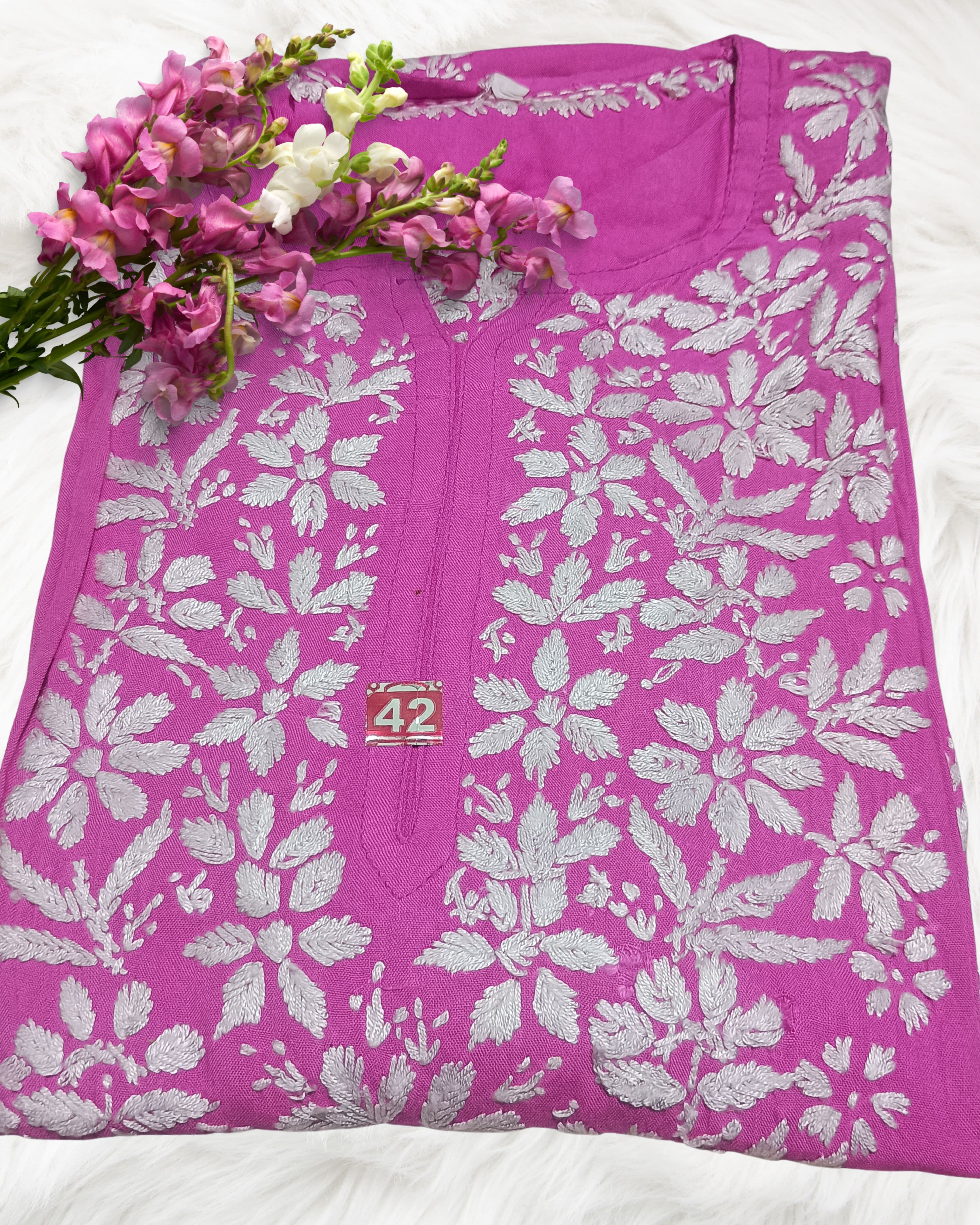 alt="Lucknowi handwork chikankari kurti in premium rayon", alt="White thread hand embroidered chikankari kurti 46 inch", alt="Lucknowi chikankari kurti for women size S to XXXL", alt="Handmade white chikankari embroidery on rayon fabric kurti", alt="Traditional Lucknowi long chikankari kurti with handwork", alt="Premium rayon white thread chikankari kurti for ladies"