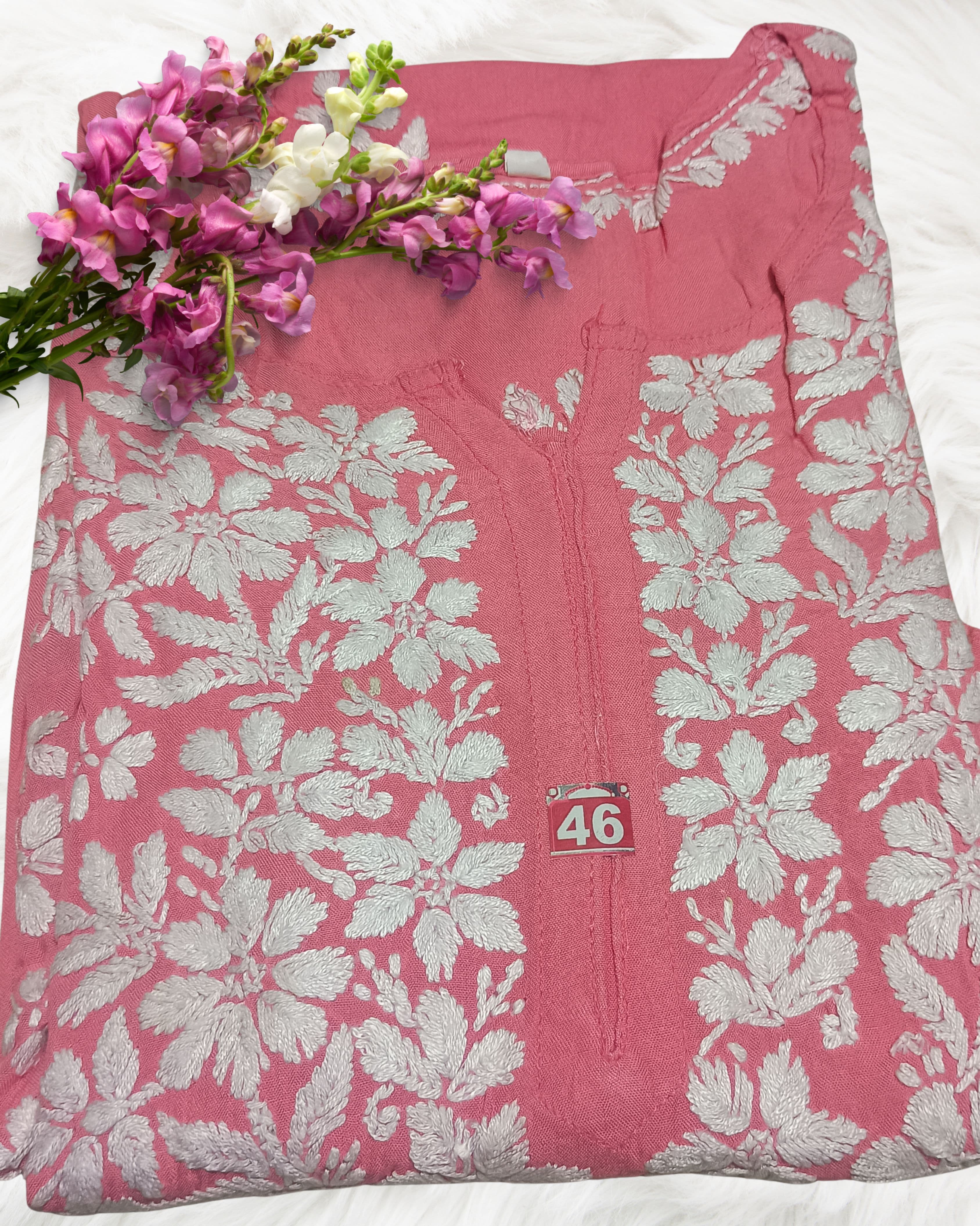 alt="Lucknowi handwork chikankari kurti in premium rayon", alt="White thread hand embroidered chikankari kurti 46 inch", alt="Lucknowi chikankari kurti for women size S to XXXL", alt="Handmade white chikankari embroidery on rayon fabric kurti", alt="Traditional Lucknowi long chikankari kurti with handwork", alt="Premium rayon white thread chikankari kurti for ladies"