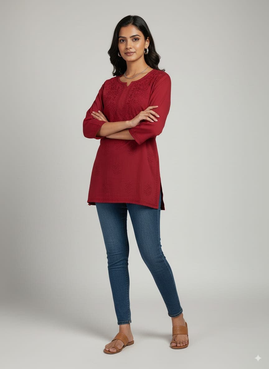 alt="Lucknowi handwork short chikankari kurti in premium fabric", alt="Tone to tone chikankari embroidery on short kurti", alt="30 inch short chikankari kurti for women", alt="Handmade Lucknow chikan short kurta S to XXL sizes", alt="Premium fabric chikankari short kurti with hand embroidery", alt="Traditional Lucknowi short chikankari kurti in elegant design"