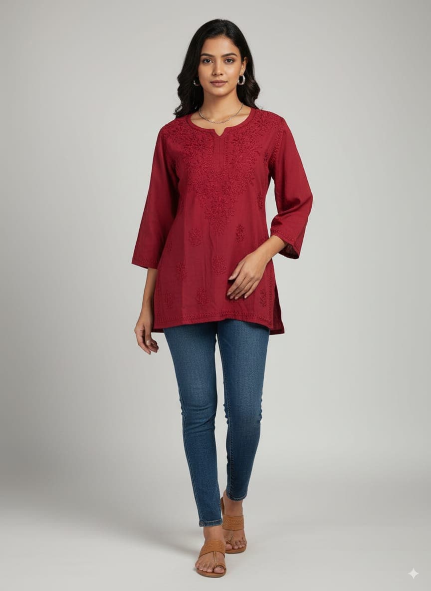 alt="Lucknowi handwork short chikankari kurti in premium fabric", alt="Tone to tone chikankari embroidery on short kurti", alt="30 inch short chikankari kurti for women", alt="Handmade Lucknow chikan short kurta S to XXL sizes", alt="Premium fabric chikankari short kurti with hand embroidery", alt="Traditional Lucknowi short chikankari kurti in elegant design"