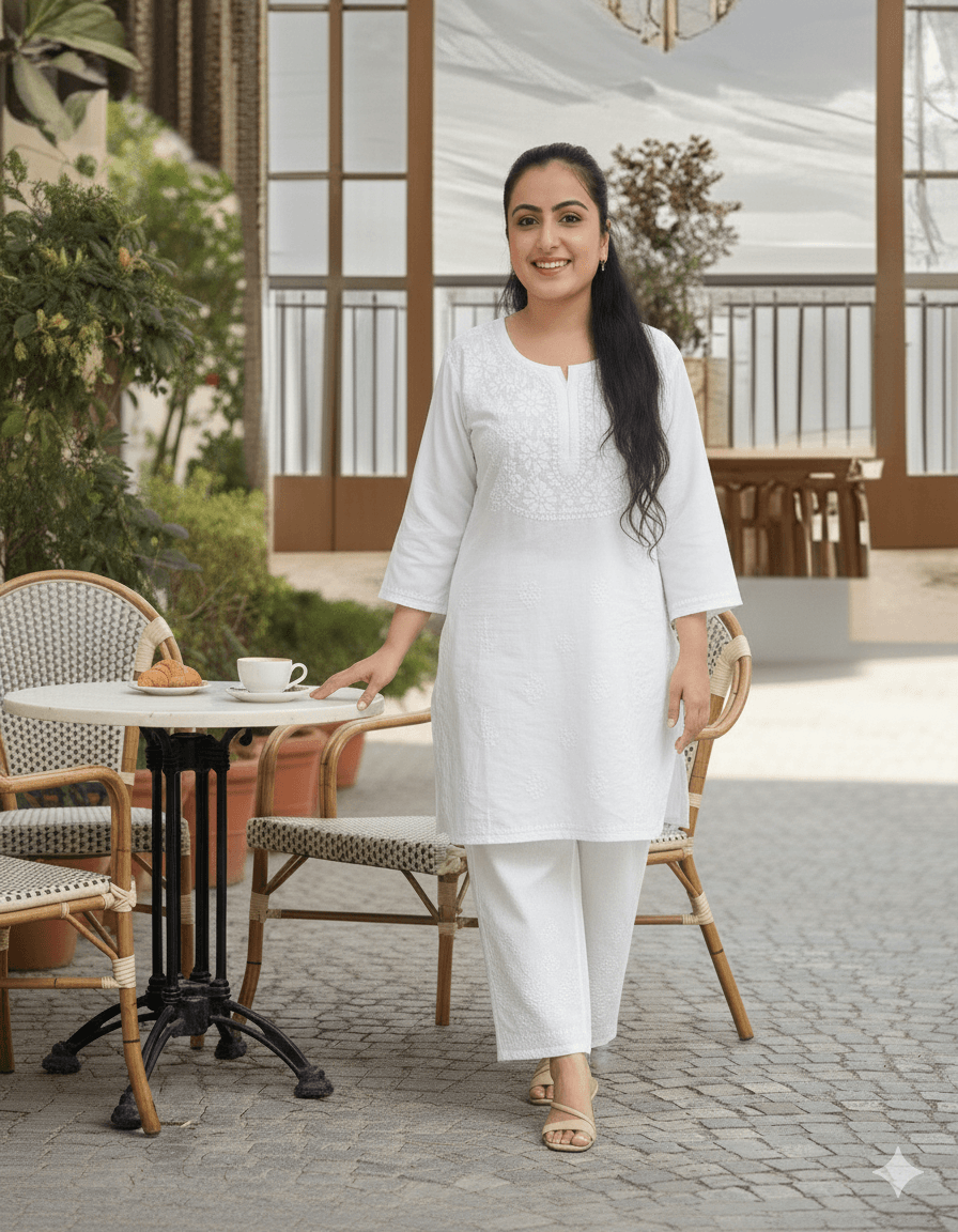 alt="Lucknowi handwork short chikankari kurti in reyon fabric", alt="White thread chikankari embroidery on coloured kurti", alt="Short chikankari kurti 30 inch for women", alt="Handmade Lucknow chikan short kurta with fine embroidery"