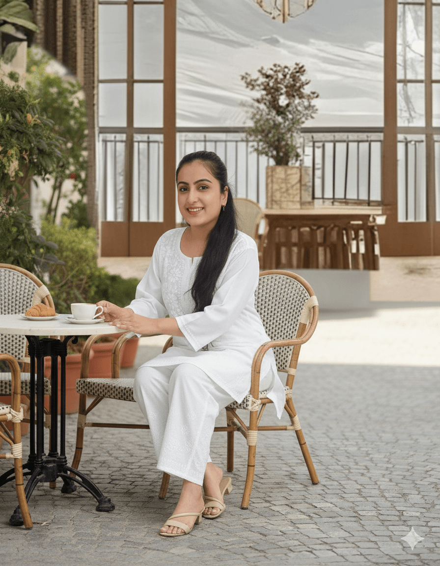 alt="Lucknowi handwork short chikankari kurti in reyon fabric", alt="White thread chikankari embroidery on coloured kurti", alt="Short chikankari kurti 30 inch for women", alt="Handmade Lucknow chikan short kurta with fine embroidery"