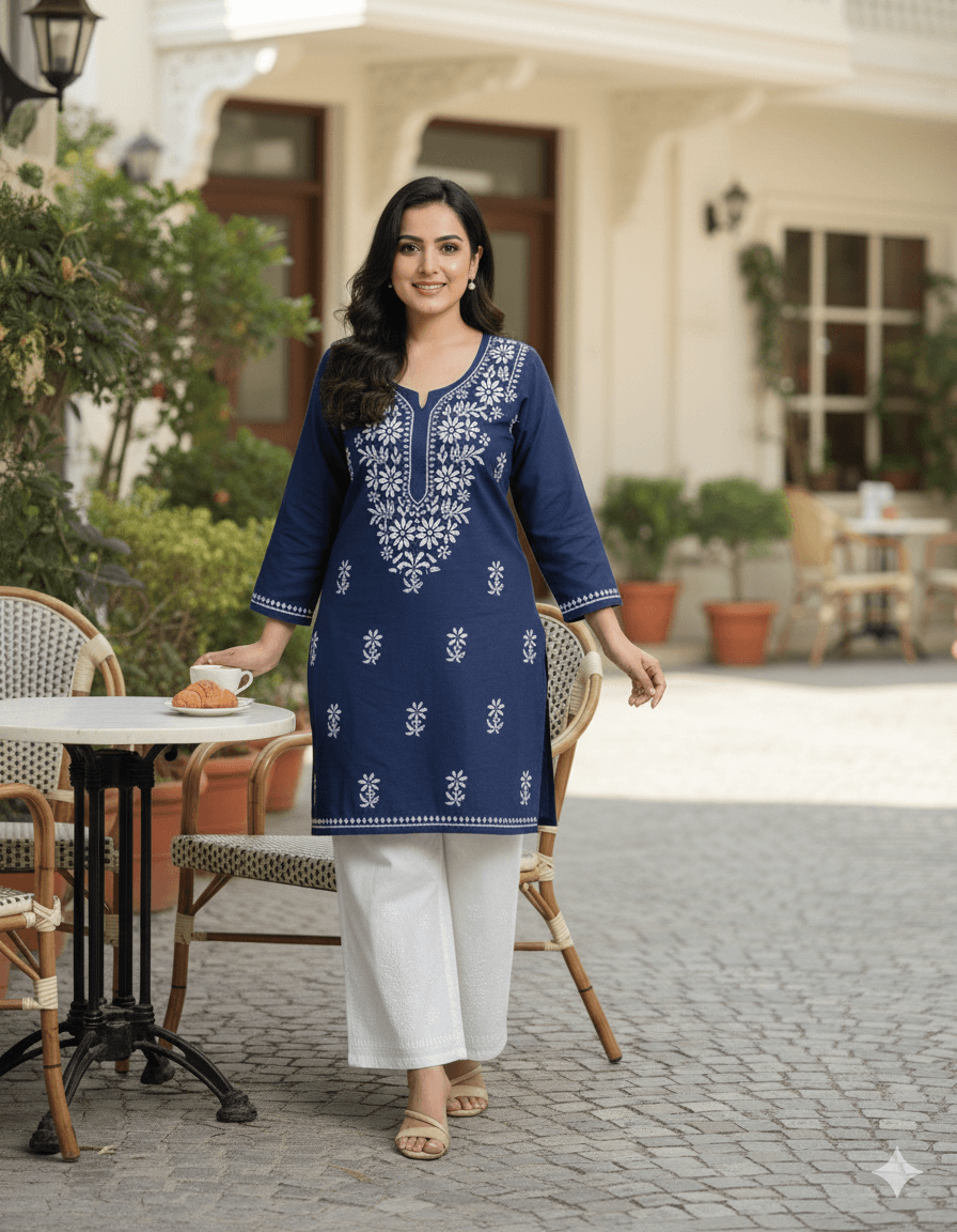 alt="Lucknowi handwork short chikankari kurti in reyon fabric", alt="White thread chikankari embroidery on coloured kurti", alt="Short chikankari kurti 30 inch for women", alt="Handmade Lucknow chikan short kurta with fine embroidery"