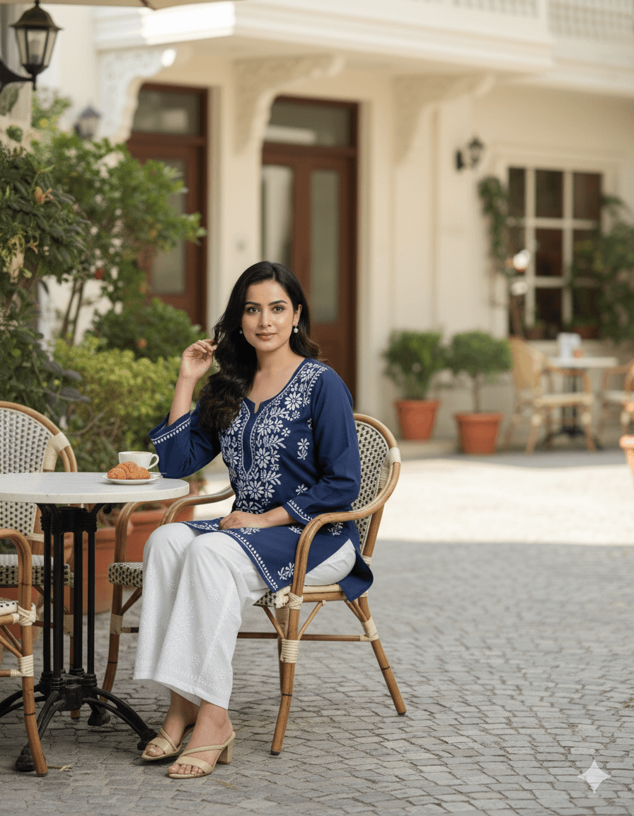 alt="Lucknowi handwork short chikankari kurti in reyon fabric", alt="White thread chikankari embroidery on coloured kurti", alt="Short chikankari kurti 30 inch for women", alt="Handmade Lucknow chikan short kurta with fine embroidery"