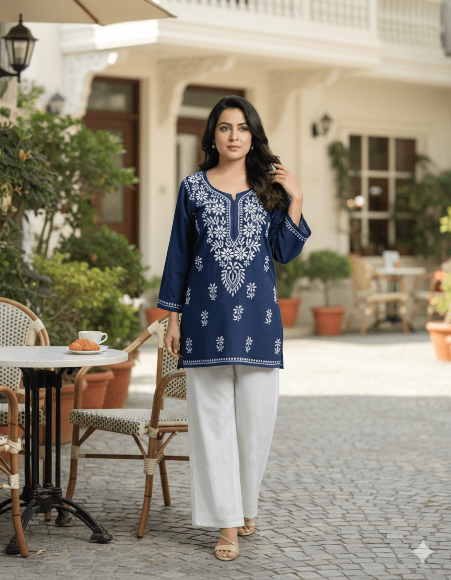 alt="Lucknowi handwork short chikankari kurti in reyon fabric", alt="White thread chikankari embroidery on coloured kurti", alt="Short chikankari kurti 30 inch for women", alt="Handmade Lucknow chikan short kurta with fine embroidery"