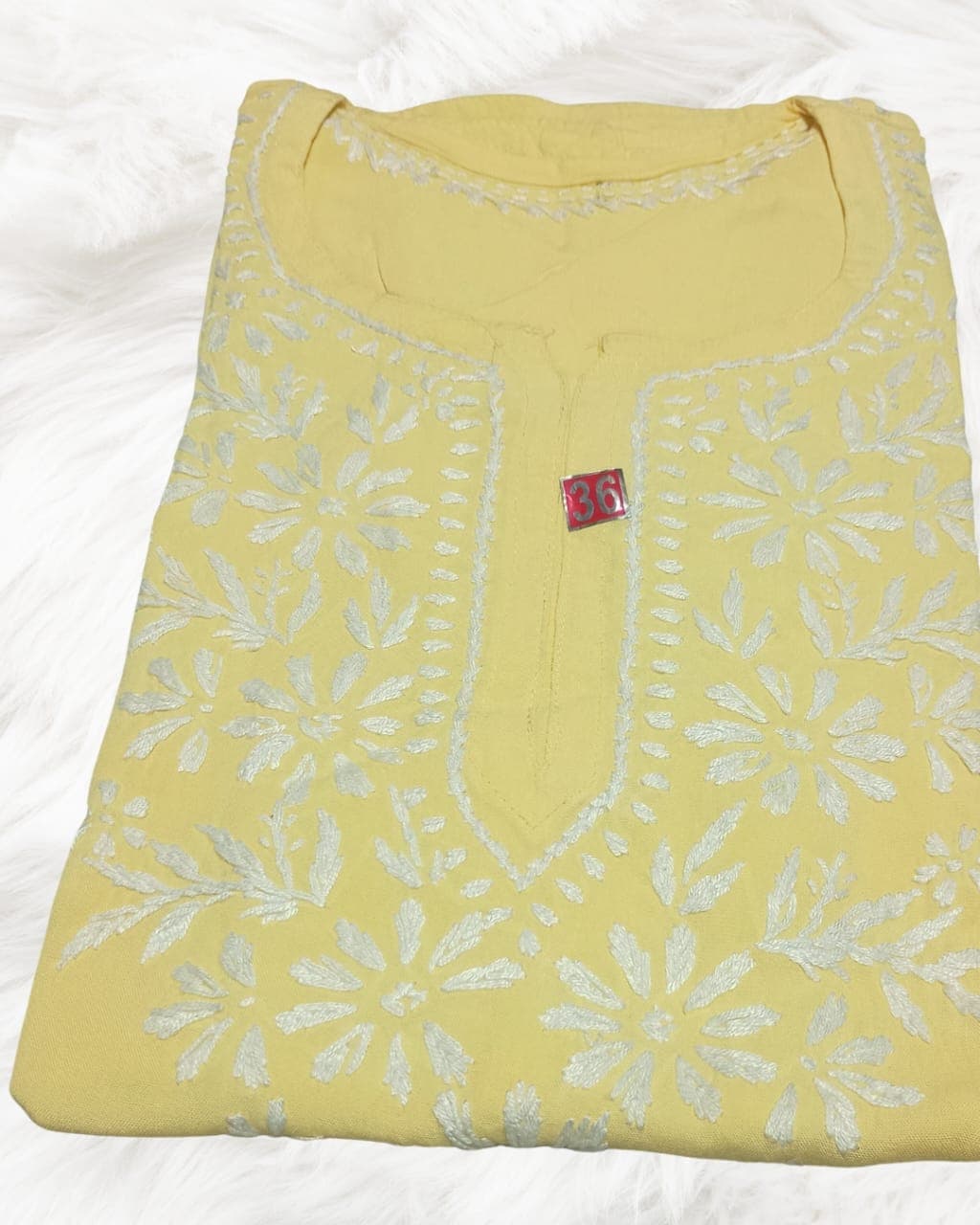 alt="Lucknowi handwork short chikankari kurti in reyon fabric", alt="White thread chikankari embroidery on coloured kurti", alt="Short chikankari kurti 30 inch for women", alt="Handmade Lucknow chikan short kurta with fine embroidery"