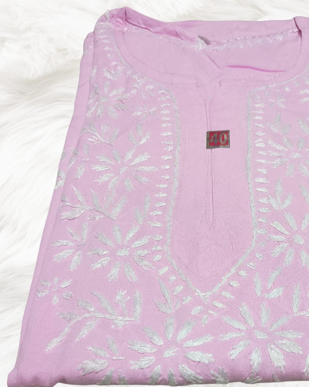 alt="Lucknowi handwork short chikankari kurti in reyon fabric", alt="White thread chikankari embroidery on coloured kurti", alt="Short chikankari kurti 30 inch for women", alt="Handmade Lucknow chikan short kurta with fine embroidery"