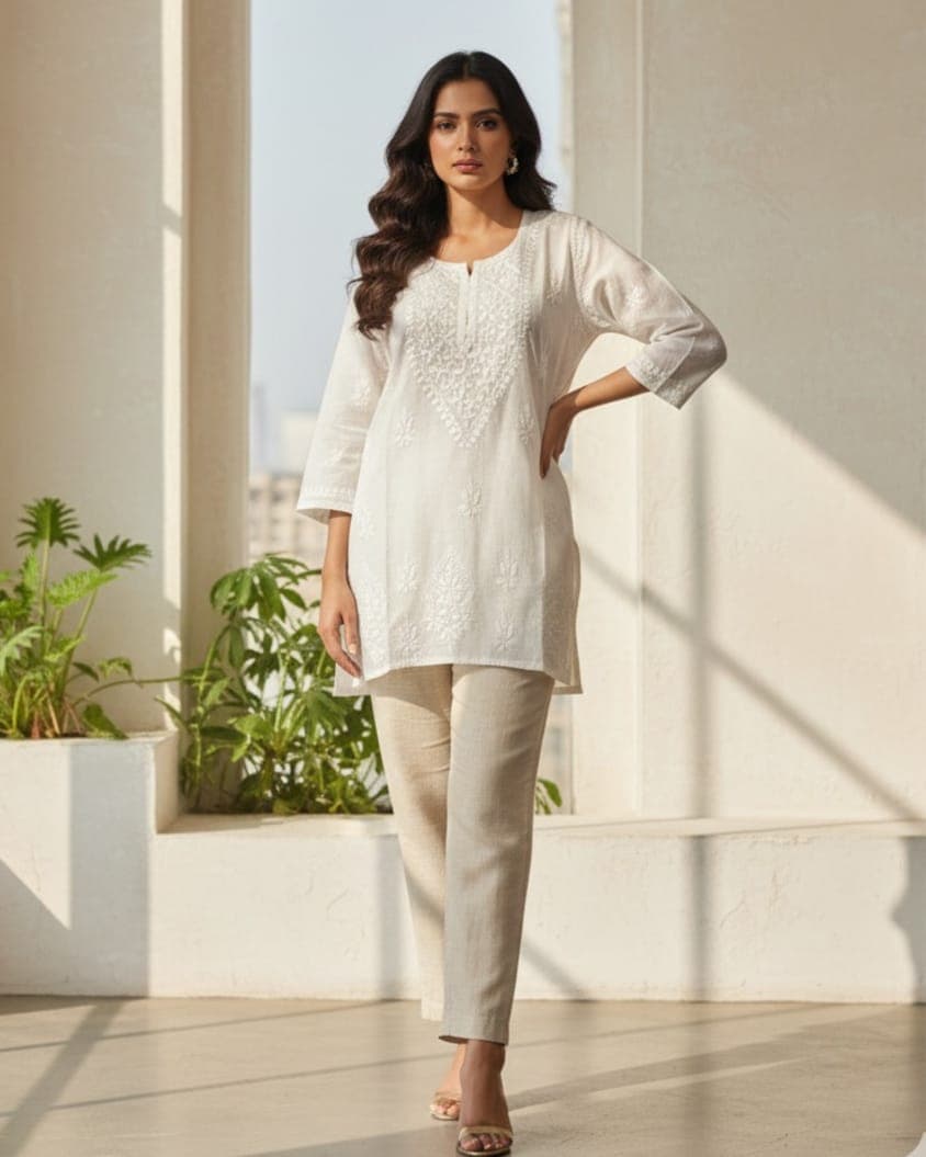 White Lucknowi Chikankari Short Top on Chanderi Fabric – Pairahan Chikan  Hand Embroidered Chanderi Chikankari Short Kurti in White – Size S–XXL  Front view of Pairahan Chikan White Lucknowi Chikankari Short Top  Close-up of hand embroidery on White Chanderi Chikankari Short Top  Back view of Lucknowi Chikankari Short Kurti in White – Chanderi Fabric  Pairahan Chikan White Chikankari Short Top styled with palazzo pants  Elegant White Chanderi Chikankari Short Kurti for women – Sizes S to XXL  Lucknowi handwork embroidery detail on Pairahan Chikan Short Top
