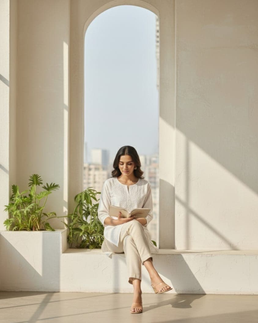 White Lucknowi Chikankari Short Top on Chanderi Fabric – Pairahan Chikan  Hand Embroidered Chanderi Chikankari Short Kurti in White – Size S–XXL  Front view of Pairahan Chikan White Lucknowi Chikankari Short Top  Close-up of hand embroidery on White Chanderi Chikankari Short Top  Back view of Lucknowi Chikankari Short Kurti in White – Chanderi Fabric  Pairahan Chikan White Chikankari Short Top styled with palazzo pants  Elegant White Chanderi Chikankari Short Kurti for women – Sizes S to XXL  Lucknowi handwork embroidery detail on Pairahan Chikan Short Top