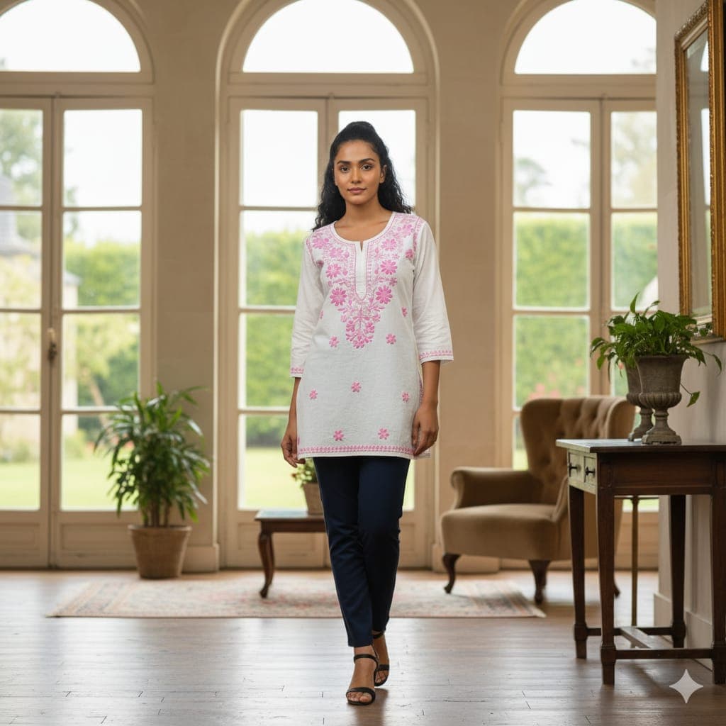 Pairahan Signature Lucknowi Chikankari Handwork Short Top – Contrast Thread Embroidery on Pure Cotton